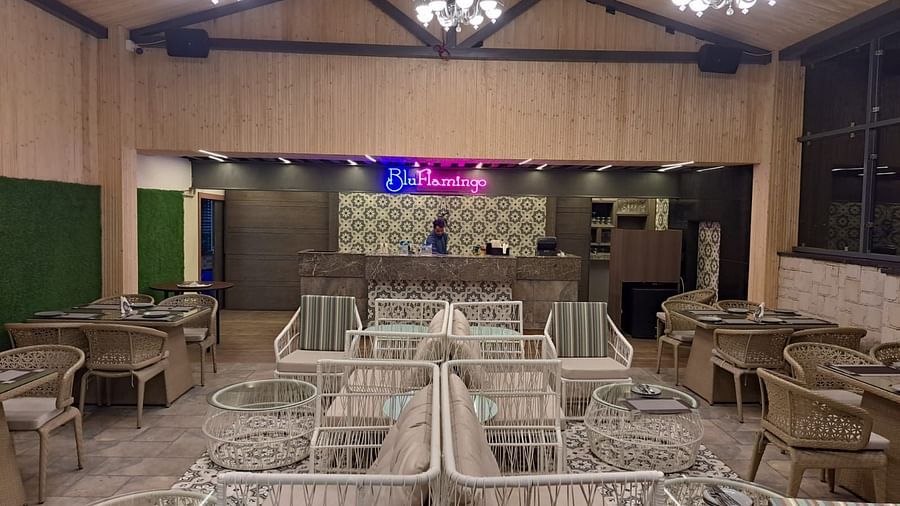 Rooftop lounge featuring illuminated Blu Flamingo logo with ambient lighting at BluSalzz Residence, Amritsar